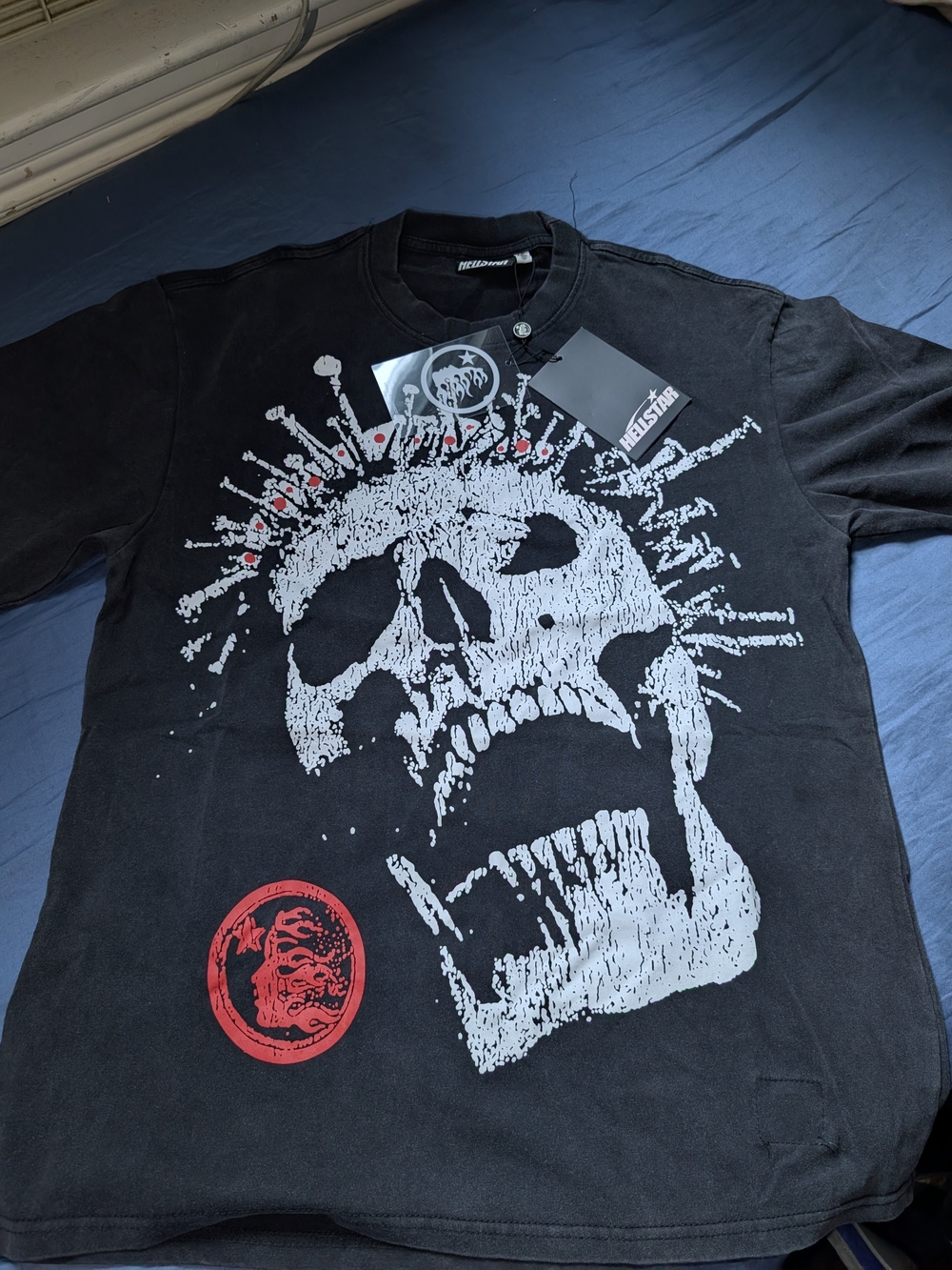 AllSaints Black Short-Sleeve Graphic Skull Tee with Red Accent